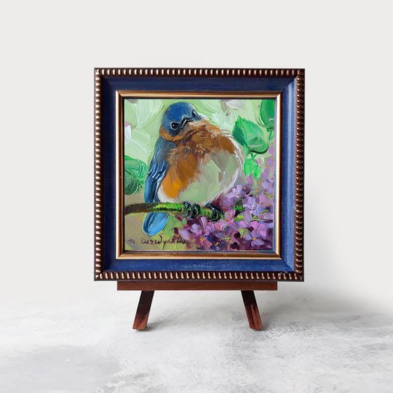 Blue bird painting original in oil 4x4 framed, Eastern Bluebird chick art miniatures painting, Nursery wall art green birdie