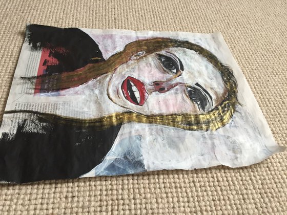 The Face Acrylic on Newspaper Face Art Woman Portrait Red Lips 37x29cm Gift Ideas Original Art Modern Art Contemporary Painting Abstract Art For Sale Free Shipping