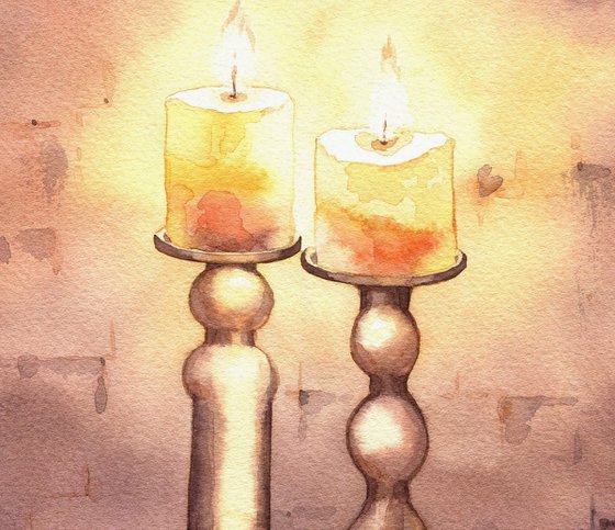 Ukrainian watercolour. Two candles. Wonderful evening