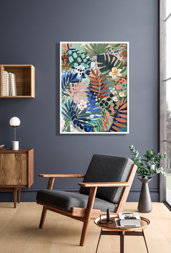 Green Tropic - Flower Painting Tropical Leaves Palm Branches Home Decor, Green and Blue Botanical Painting, Tropical Painting, Floral Wall Art