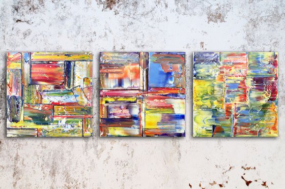 "Three's A Crowd" - FREE USA SHIPPING - Original Large PMS Abstract Triptych Oil Paintings On Canvas - 60" x 20"