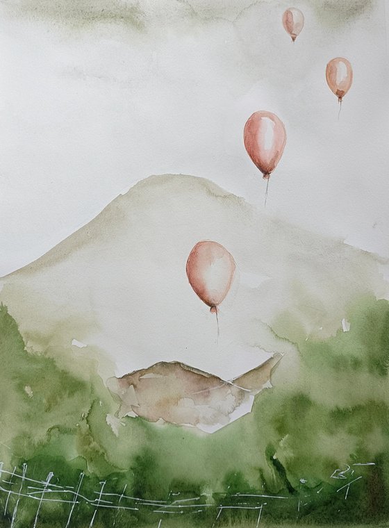 Landscape with pink ballons