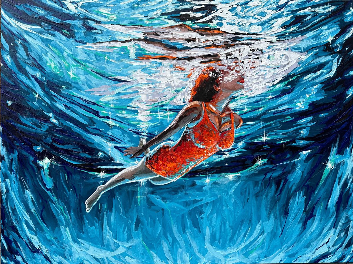 Photorealistic Portrait Acrylic Painting By Elena Adele Dmitrenko, 48 X 36, Following Light, Original Artwork