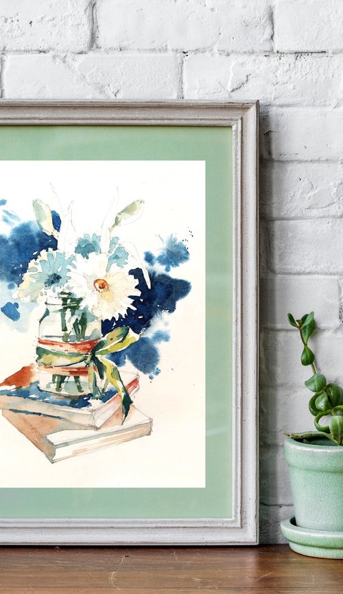 "White flowers on a blue background" - a jar of flowers stands on books modern still life watercolor sketch - series "Artist's Diary" by Ksenia Selianko
