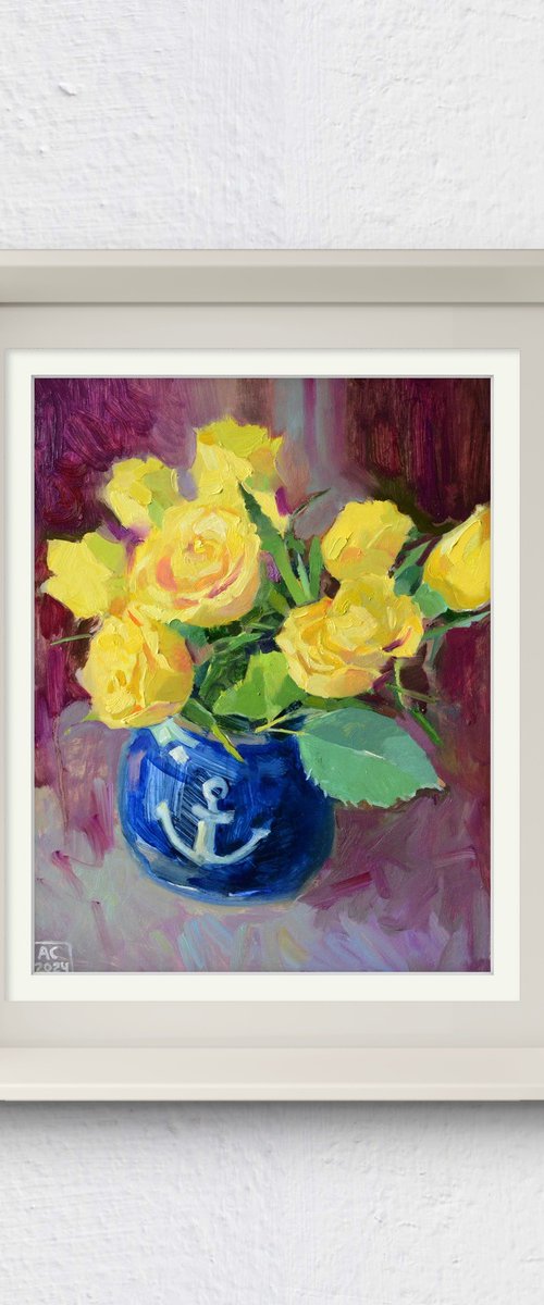 Yellow tulips in a blue vase by Alexandra Sergeeva