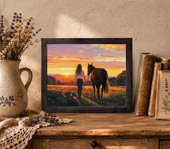 Woman walking with a horse in a sunset field