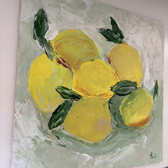 Still life bright lemons fruits palette knife