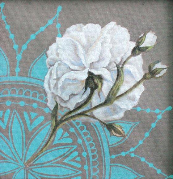 White rose painting wooden frame Mandala turquoise background Unusual wall art on canvas