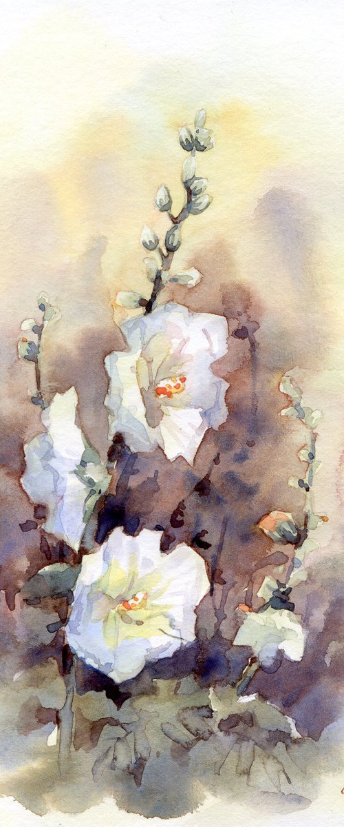 White Hollyhocks in watercolor, Small Wild flowers painting by Yulia Evsyukova