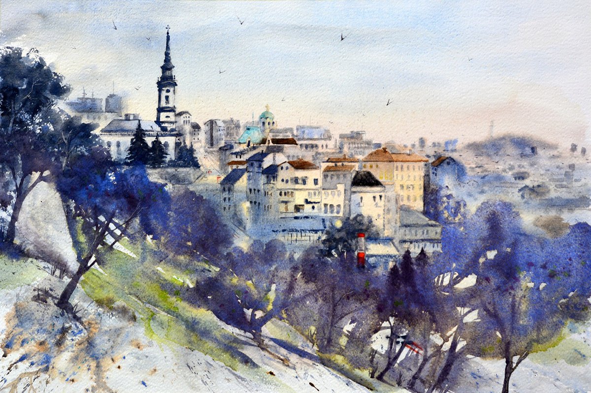 Impressionistic Cityscapes Watercolour By Nenad Kojic, 22 X 15", Sundown At Roofs Of Belgrade Old Town, Original Artwork