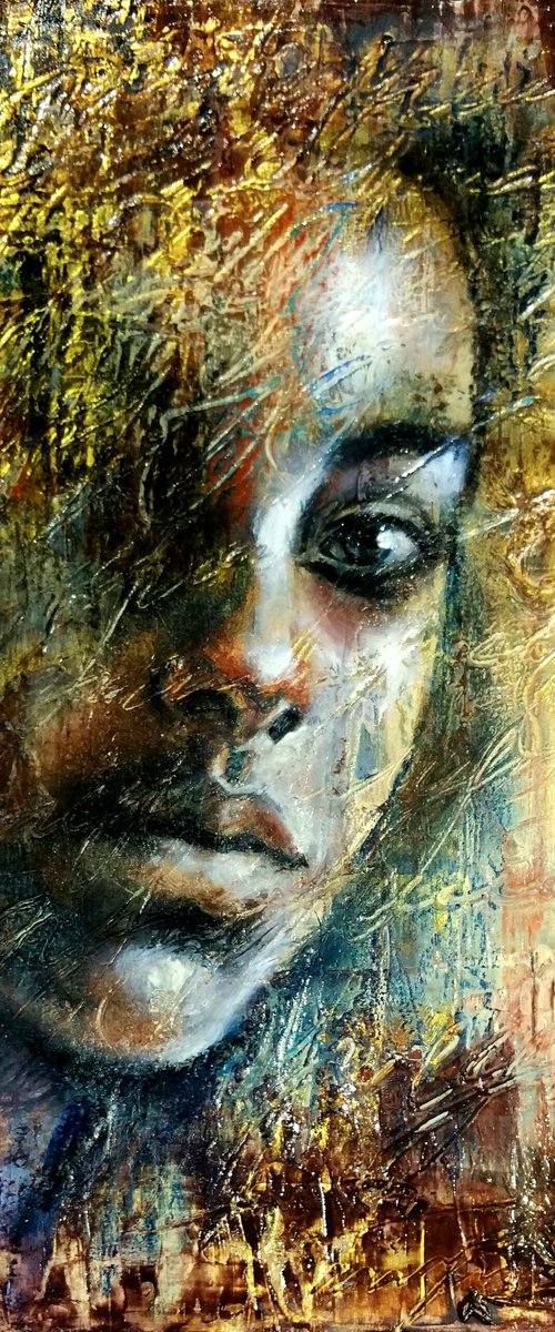 "Partial face I"Original mixed media painting on  paper 35x28x0,1cm. by Elena Kraft