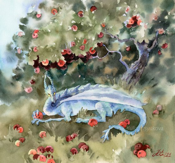Watercolor Blue Dragon under the apple tree