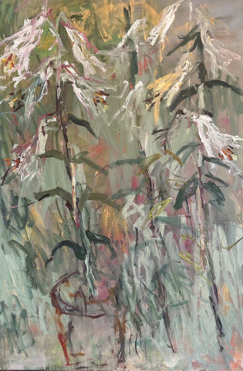 Expressive Botanical Oil Painting By Lilia Orlova-Holmes, 31 X 47", White Lilies, Original Artwork