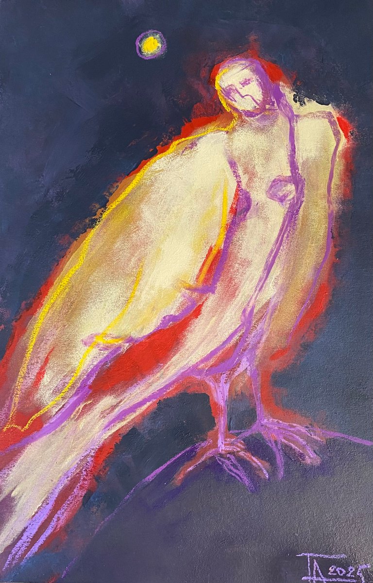 Expressive Animal Pastel Drawing By Tatjana Auschew, 13 X 20", Enchanting Song., Original Artwork