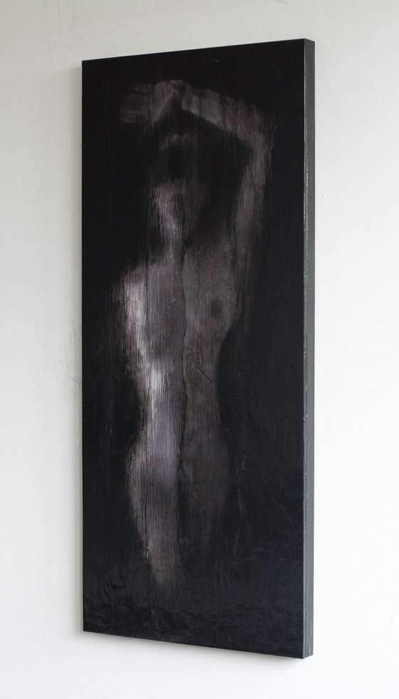 "Woman" (80x35x2,5cm) - Unique portrait artwork on wood (abstract, portrait, gouache, original, painting, coffee, acrylic, oil, watercolor, encaustics, beeswax, resin, wood, fingerpaint)