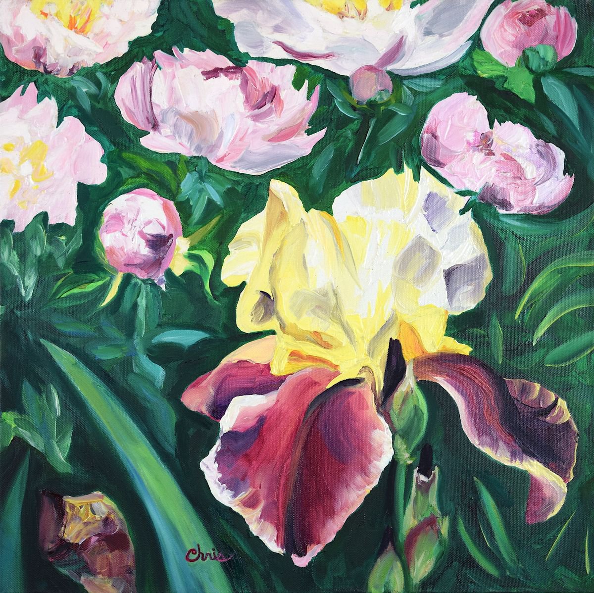 Iris with Pink Peonies by Christina M Plichta