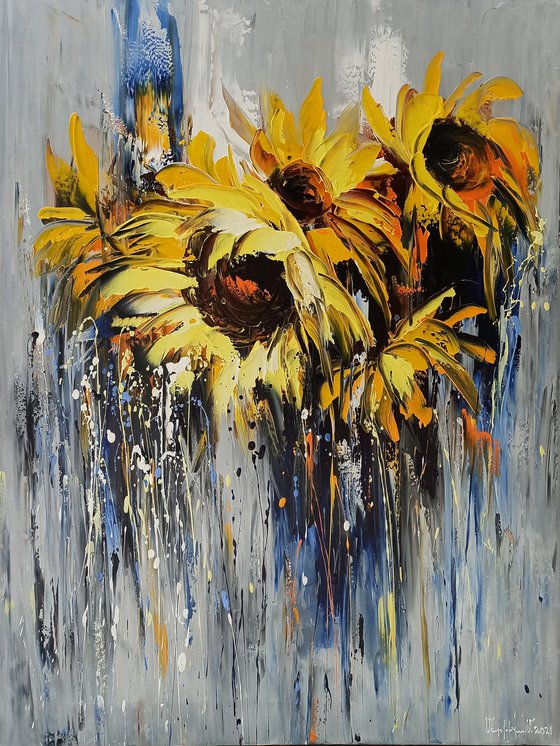 Yellow sunflowers (60x80cm, oil painting, palette knife, ready to hang)