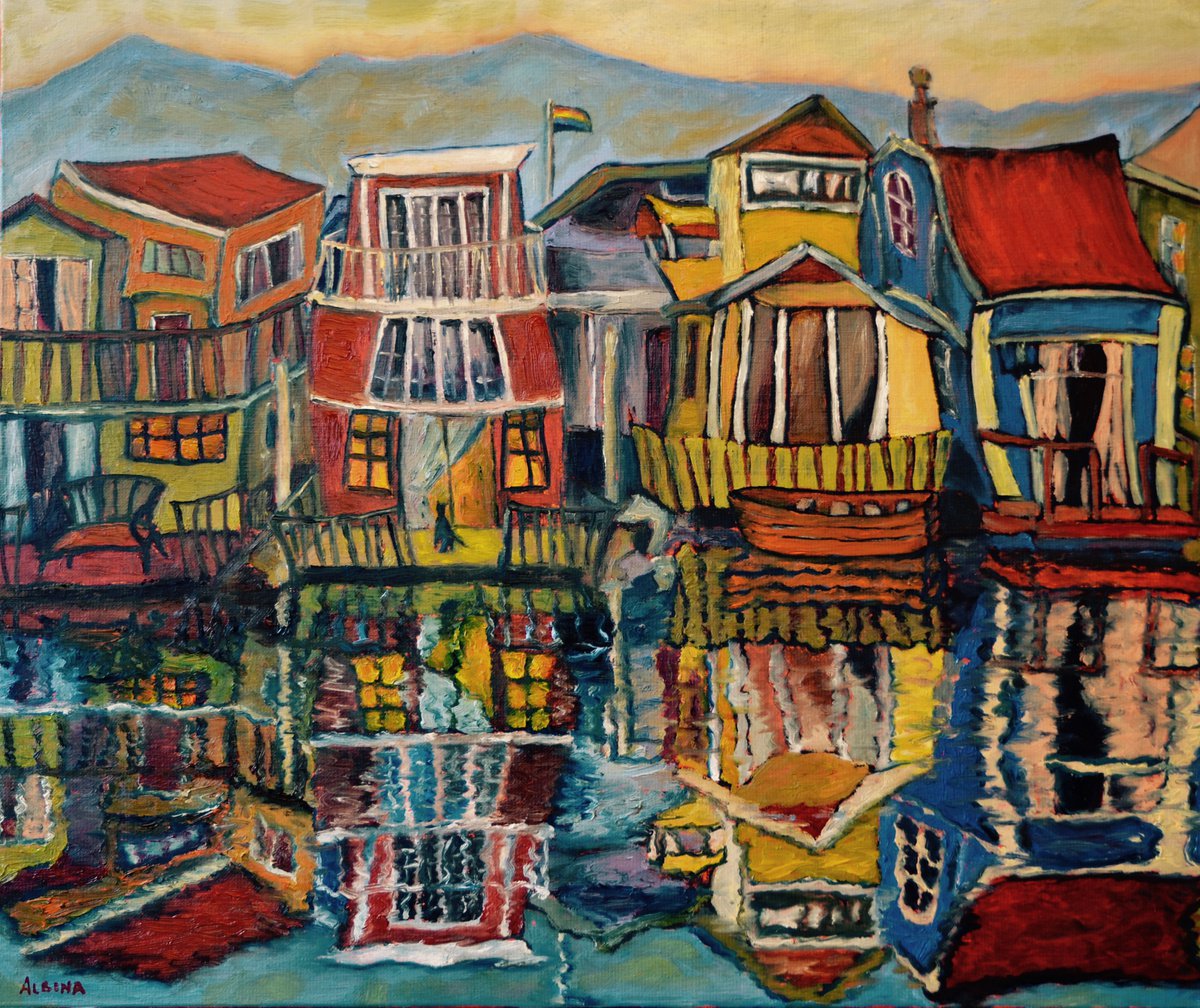 Naive Cityscapes Oil Painting By Albina Urbanek, 22 X 18, Sausalito (California), Original Artwork