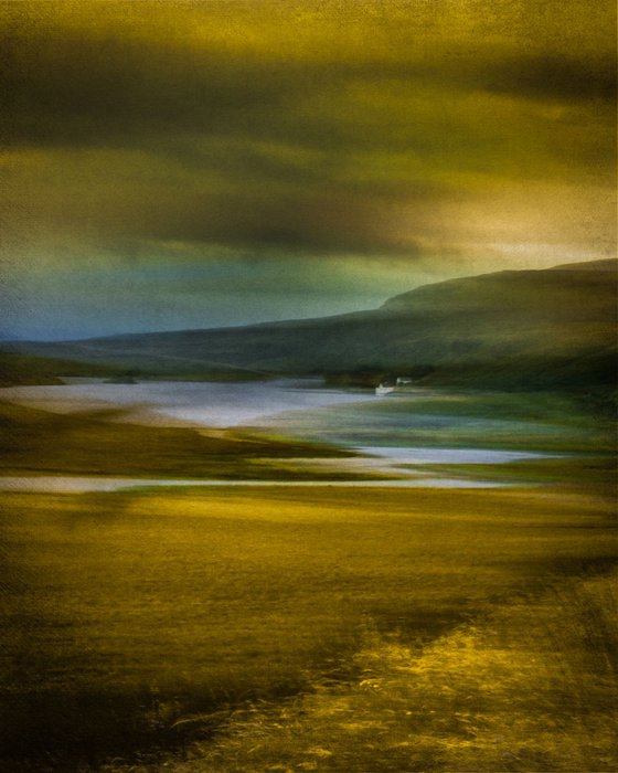 The House by the Loch - Ochre and Grey Abstract on Canvas