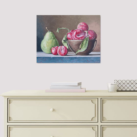 Still life -  plums and pear