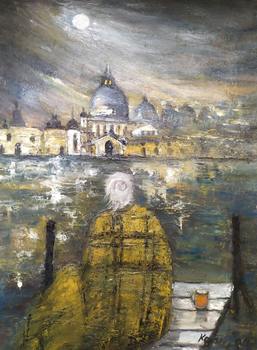 Impressionistic Landscape Oil Painting By Maria Karalyos, 12 X 16", Night With Full Moon, Original Artwork