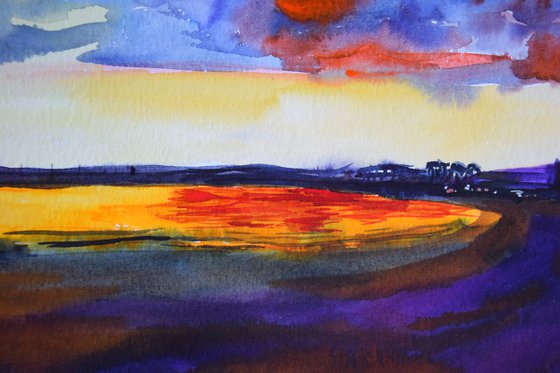 Sunset on the sea watercolor painting Beach on Canary Islands