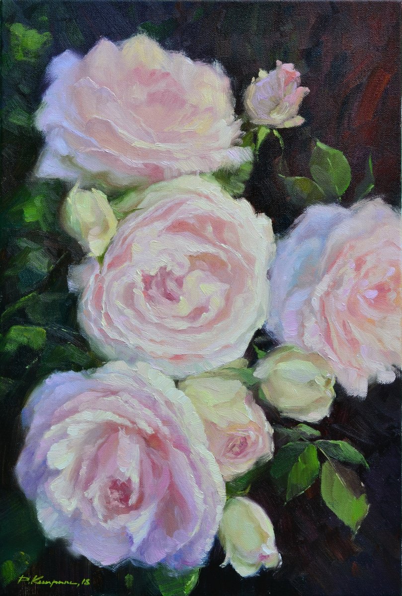 Impressionistic Botanical Oil Painting By Ruslan Kiprych, 16 X 24", Roses, Original Artwork