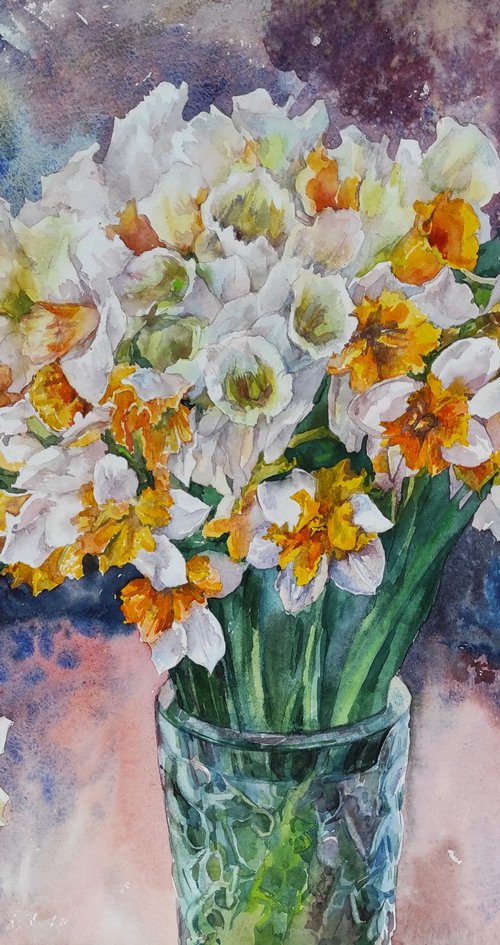 Daffodils - original artwork, spring flowers, watercolor painting by Tetiana Borys