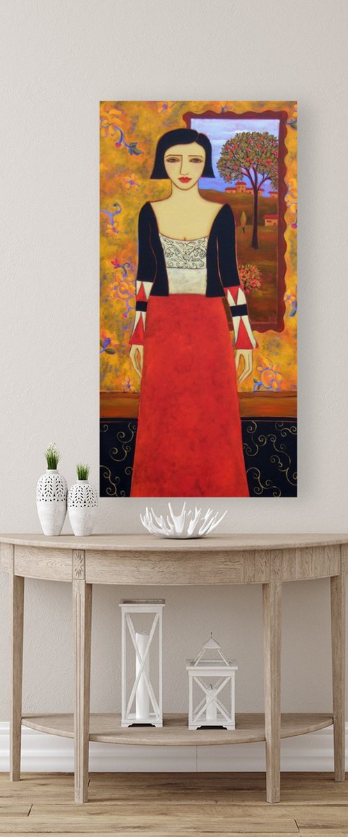 Woman with Evening Landscape by Karen Rieger