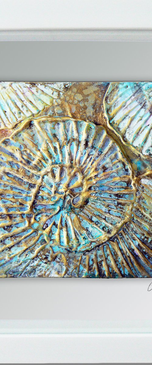 Fossil #3 (ammonite textured painting with gold highlights ) Framed ready to hang original by Carolynne Coulson
