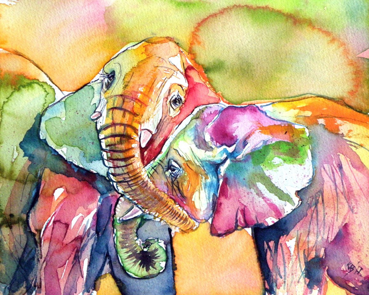 Animal Watercolour By Kovacs Anna Brigitta, 10 X 8", Cute Elephants, Original Artwork