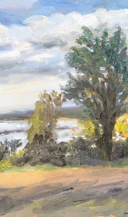 Trees at Pegwell Bay - plein air oil painting by Julian Lovegrove Art