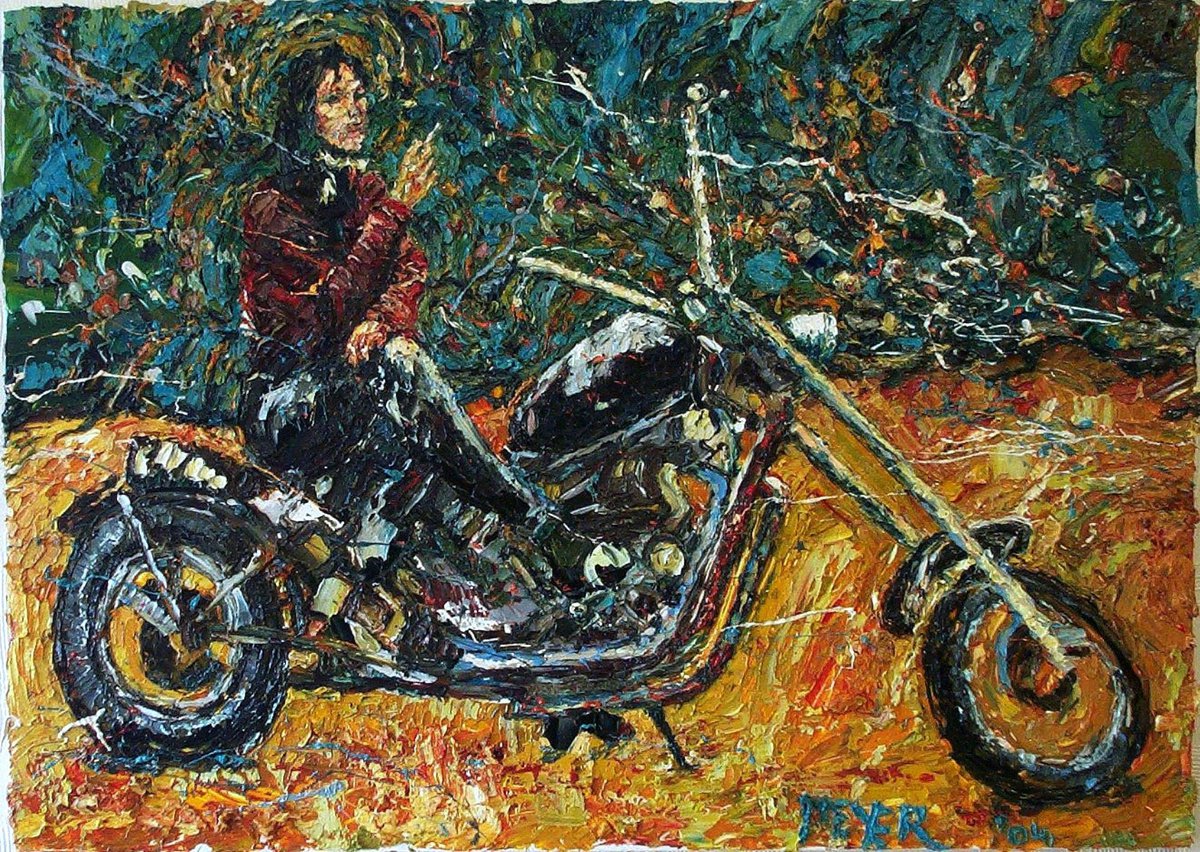 Expressive Portrait Oil Painting By Richard Meyer, 22 X 16", Girl On A Motorcycle, Original Artwork