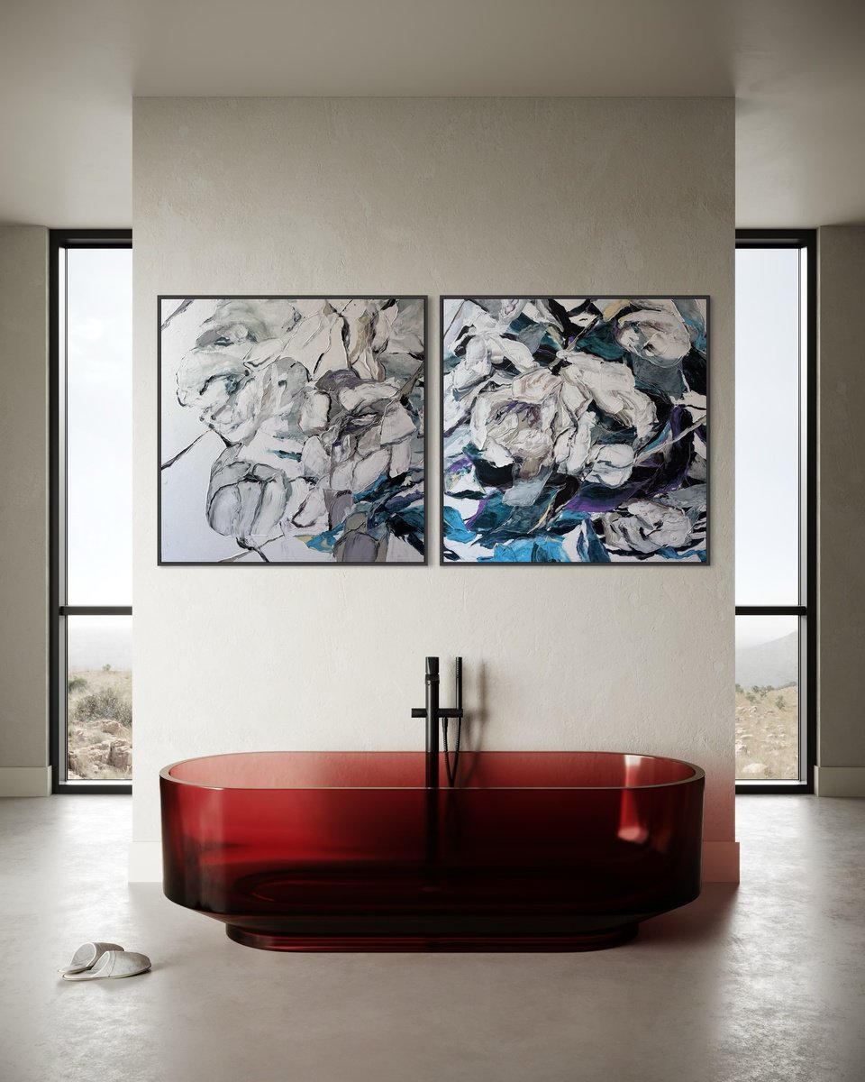 Impressionistic Botanical Acrylic Painting By Tetiana Hutsul, 71 X 35", Blue Heart Bloom. Diptych, Original Artwork