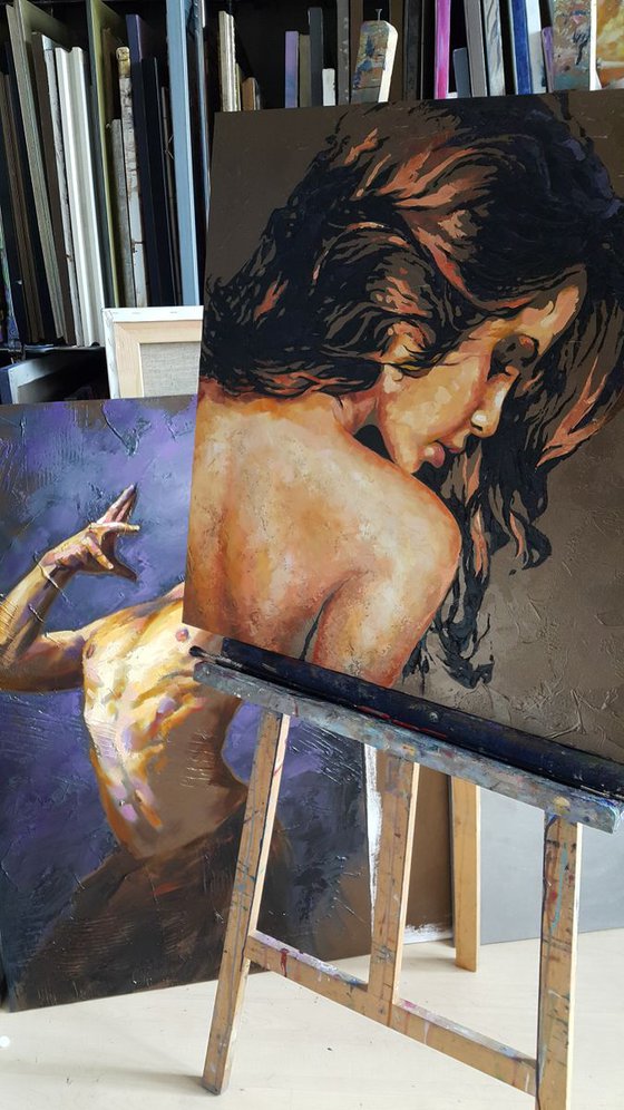 Beautiful nude girl, portrait naked figure woman, oil, acrylic, canvas, painting