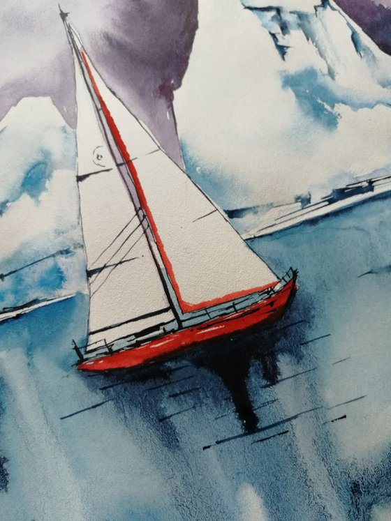 Red sailboat\ICEBERG PAINTING/ ANTARCTICA