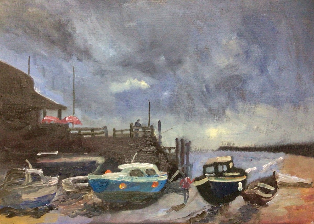 Impressionistic Landscape Oil Painting By Julian Lovegrove Art, 14 X 10", Boats At The Jetty Broadstairs, Original Artwork