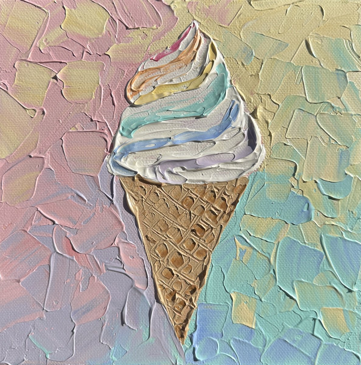 Impressionistic Still Life Acrylic Painting By Guzaliya Xavier, 8 X 8, Ice Cream Cone 4, Original Artwork