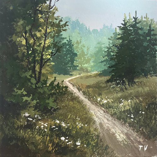 Forest landscape. Acrylic painting. Original Art. 6 x 6 by Tetiana Vysochynska
