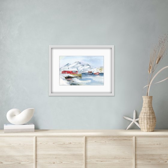 Scandinavian landscape with a red house by the sea. Original watercolor.