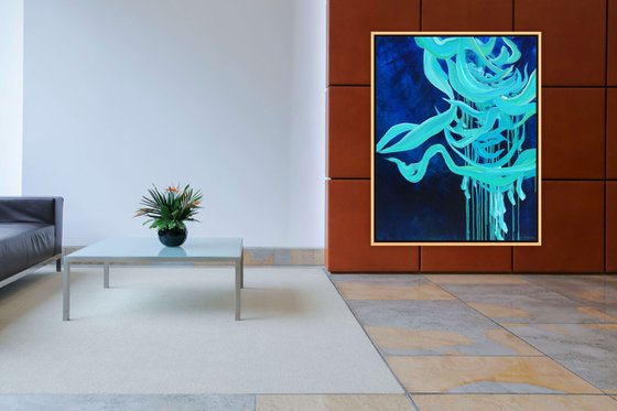 Large Blue Abstract Teal Turquoise Painting on Canvas. Bold Modern Art with Brush Strokes Texture