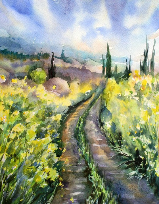 Landscape original watercolor painting Road in the field impressionist stile artwork floral wall art nature wildflowers herbs native-grasses