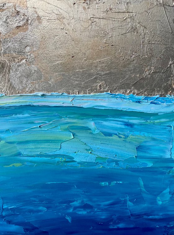 Gold Leaf Oil Paining, Sea Ocean Large Original Artwork on Wood, Seascape Vertical Wall Art