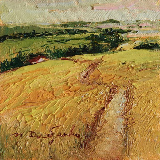 Yellow field oil painting original 4x4, Mini Landscape miniature painting original small art framed, Guest gift