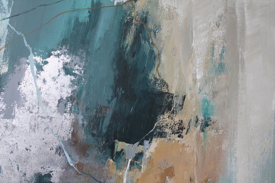 "Green Hill" Emerald silver abstract art