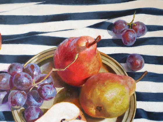 "Pears and grapes on a striped tablecloth."  still life summer grape pear white liGHt original painting  GIFT (2019)