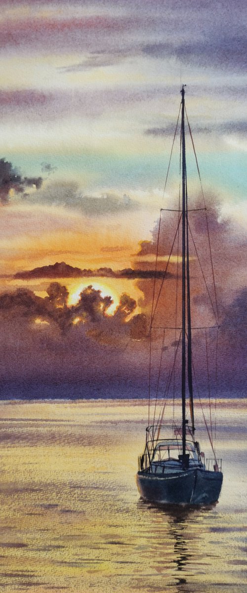 Sailboat - Yacht Art  - seasca by Olga Beliaeva Watercolour