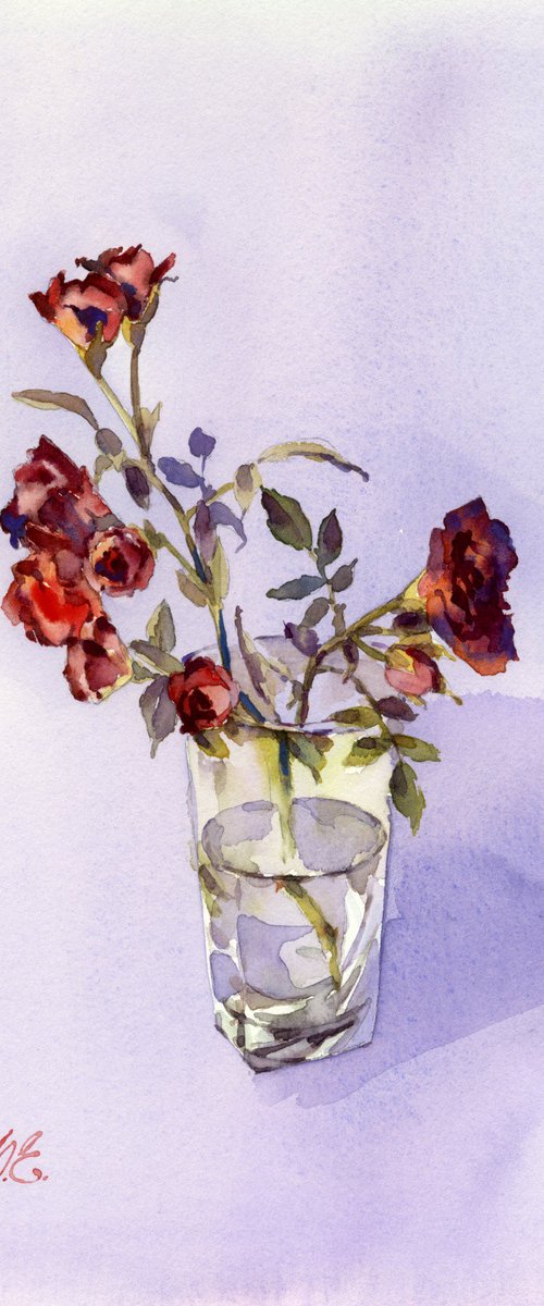 Little red roses in a glass, Watercolor painting by Yulia Evsyukova