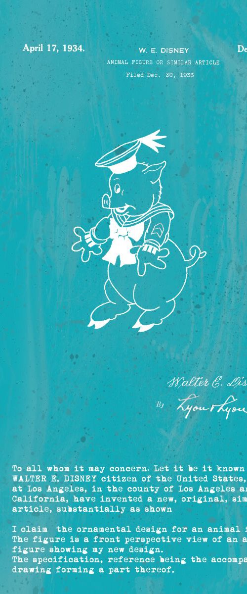 Disney character patent Pig 1 - Turquoise - circa 1934 by Marlene Watson