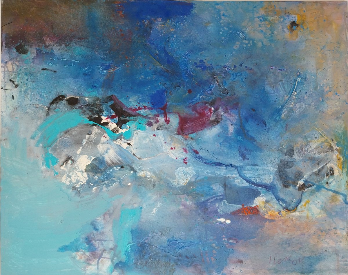 Abstract Acrylic Painting By Ivo Lekov, 39 X 31, Composition In Blue, Original Artwork